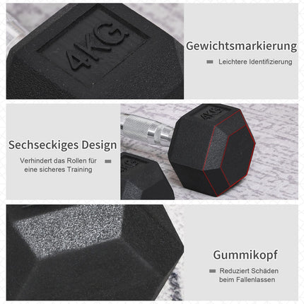 Hexagon-Hantel-Set, 2x4 kg, Gusseisen, gerändelte Griffe