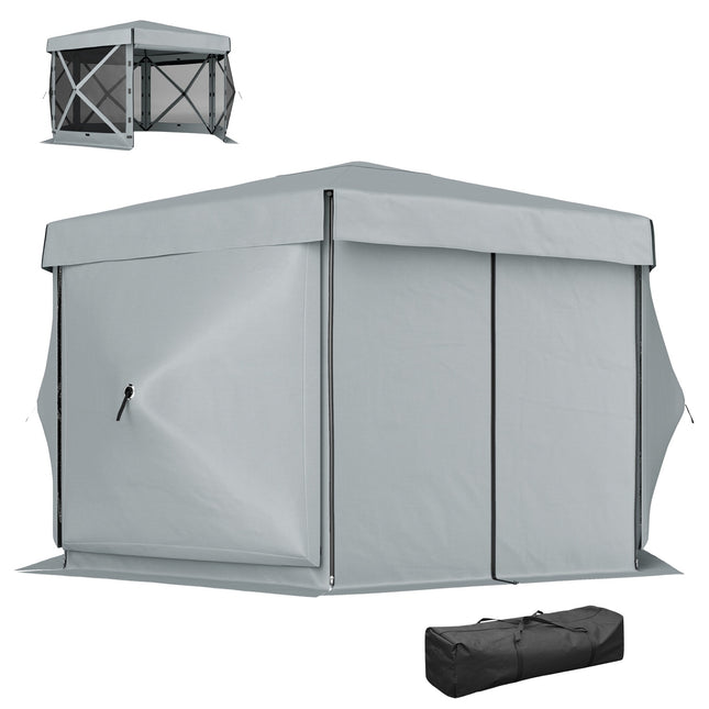Tuinhuisje Zeshoekig Ca. 3,6x3m waterdicht pop-up vouwpaviljoen met 5 zijpanelen zak opvouwbare partytent UV 30+ winterbestendig tuintent tuinpaviljoen voor kamperen tuinfestival lichtgrijs Aosoom