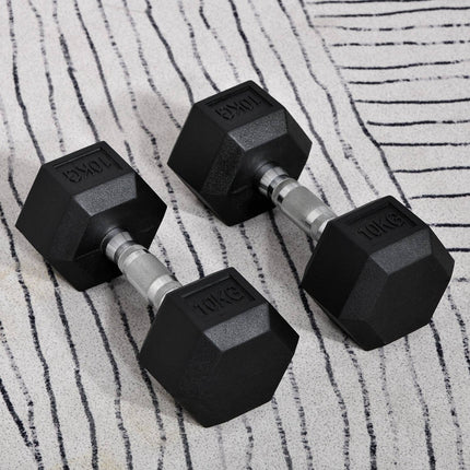 Lot de 2 haltères hexagonales 2x10kg en fonte avec revêtement en caoutchouc noir