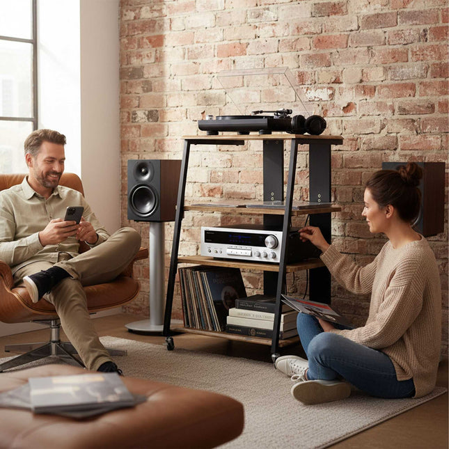 Hi-Fi-rack met 4 planken, in hoogte verstelbaar.