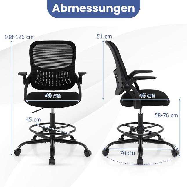 Hoher Netz-Zeichenstuhl, verstellbare Fußstütze, Schwarz