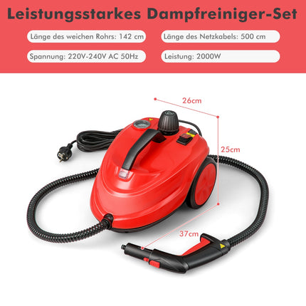 High-Pressure Steam Cleaner, 2000W, 15-Piece Set, Red