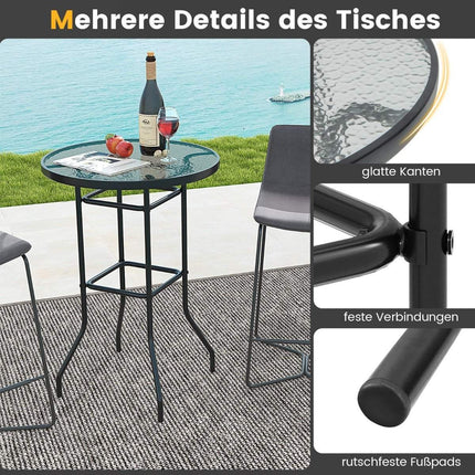 Hoher Gartentisch Stehtisch rund Bistrotisch mit Tischplatte aus gehärtetem Glas 68 x 68 x 97 cm schwarz