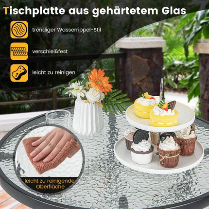 Hoher Gartentisch Stehtisch rund Bistrotisch mit Tischplatte aus gehärtetem Glas 68 x 68 x 97 cm schwarz