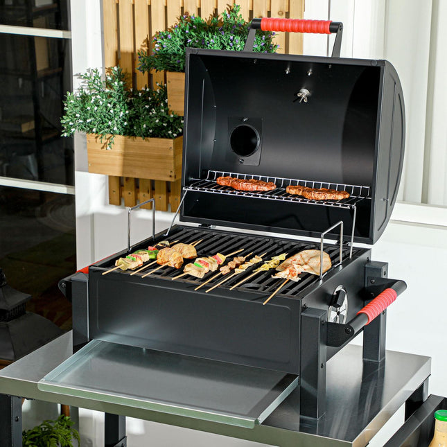 Holztischgrill mit Kohleschale und Thermometer