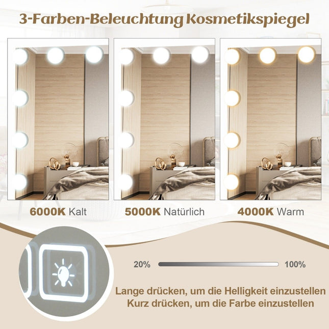 Hollywood-Spiegel mit Beleuchtung, USB-Ladeanschluss &amp; Bluetooth-Lautsprecher, Kosmetikspiegel fürs Schlafzimmer, 58 x 46 cm, Weiß