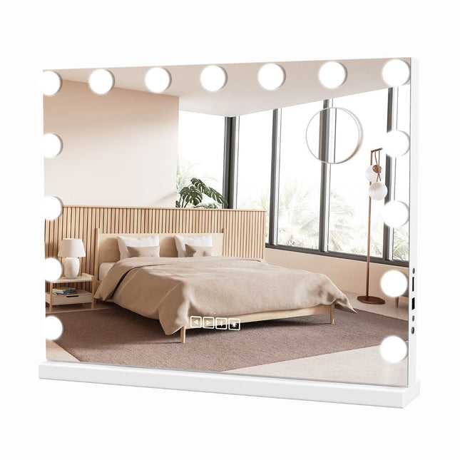 Hollywood-Spiegel mit Beleuchtung, USB-Ladeanschluss &amp; Bluetooth-Lautsprecher, Kosmetikspiegel fürs Schlafzimmer, 58 x 46 cm, Weiß