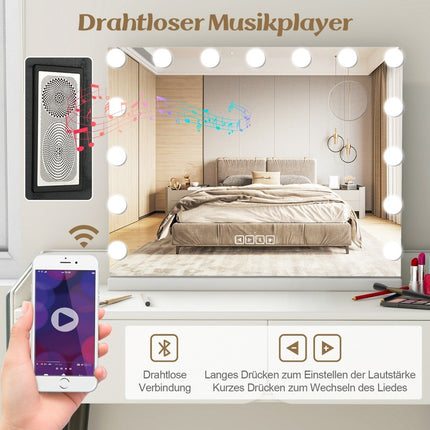 Hollywoodské zrcadlo s osvětlením, USB nabíjecím portem a Bluetooth reproduktorem, kosmetické zrcadlo do ložnice, 58 x 46 cm, bílá