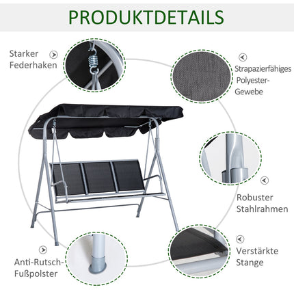 3-Sitzer Hollywoodschaukel mit Dach – Metallgestell, schwarz/silber