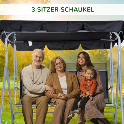 3-Sitzer Hollywoodschaukel mit Dach – Metallgestell, schwarz/silber
