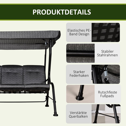3-Sitzer Hollywoodschaukel mit verstellbarem Sonnendach, grau