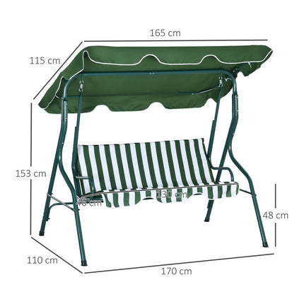 Balançoire Hollywood, balançoire de jardin 3 places, banc pivotant, pare-soleil réglable, structure en acier, vert 170 x 110 x 153 cm