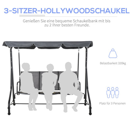 Balancelle de jardin Hollywood Swing 3 places avec pare-soleil réglable, acier et polyester, gris, 205 x 118 x 170 cm