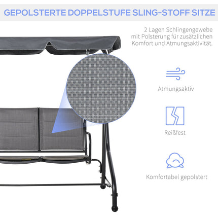 Balancelle de jardin Hollywood Swing 3 places avec pare-soleil réglable, acier et polyester, gris, 205 x 118 x 170 cm
