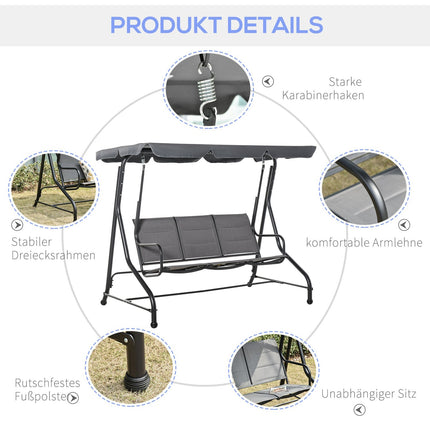 Balancelle de jardin Hollywood Swing 3 places avec pare-soleil réglable, acier et polyester, gris, 205 x 118 x 170 cm