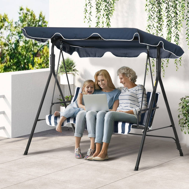 Gartenschaukel mit 3 Sitzen und Verdeck – Stahl blau und weiß