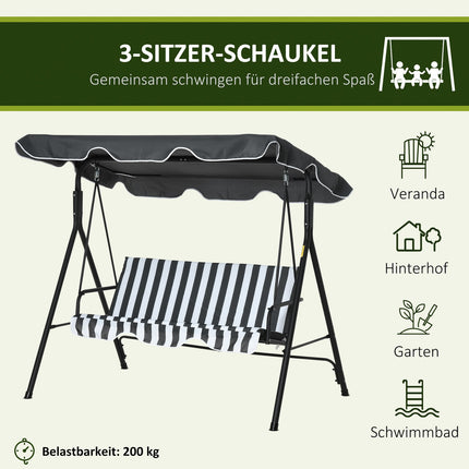 Gartenschaukel 3-Sitzer Stahl mit Dach, grau/weiß