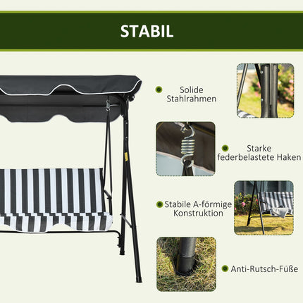 Gartenschaukel 3-Sitzer Stahl mit Dach, grau/weiß