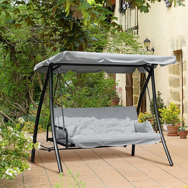 Schaukelbank für den Außenbereich, 3-Sitzer, Liegefunktion, Metall & weißer Polyester