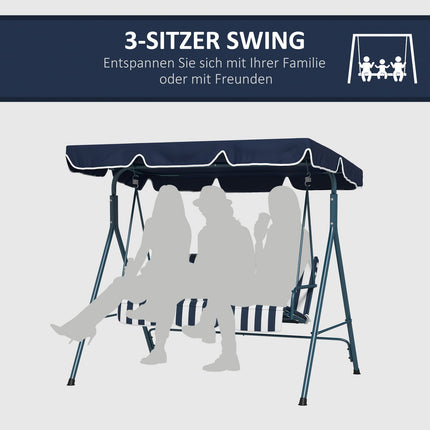 Hollywood swing 3-zits tuinschommel met verstelbaar dak, waterafstotende schommelbank belastbaar tot 240 kg, voor tuin, balkon, gaas, blauw Aosom