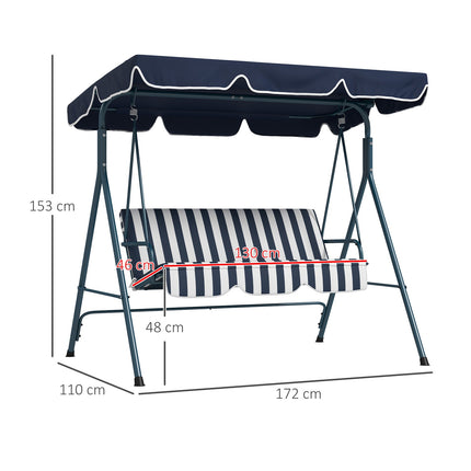 Hollywood swing 3-zits tuinschommel met verstelbaar dak, waterafstotende schommelbank belastbaar tot 240 kg, voor tuin, balkon, gaas, blauw Aosom