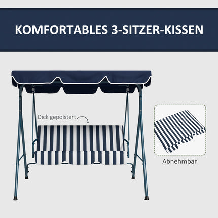 Hollywood swing 3-zits tuinschommel met verstelbaar dak, waterafstotende schommelbank belastbaar tot 240 kg, voor tuin, balkon, gaas, blauw Aosom