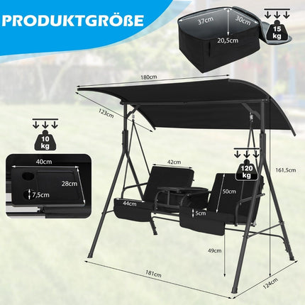 Hollywood schommel met koeltas 2-zits tuinschommel met verstelbaar dak zwart 180 x 124 x 161,5 cm