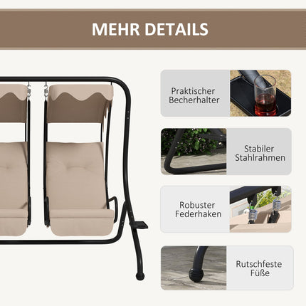 Balançoire Hollywood avec porte-gobelet et coussin d'assise, balançoire de jardin 2 places avec pare-soleil, banc pivotant charge jusqu'à 220 kg, chaise longue de jardin pour jardin, terrasse, 170 x 136 x 170 cm, beige