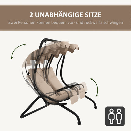 Balançoire Hollywood avec porte-gobelet et coussin d'assise, balançoire de jardin 2 places avec pare-soleil, banc pivotant charge jusqu'à 220 kg, chaise longue de jardin pour jardin, terrasse, 170 x 136 x 170 cm, beige