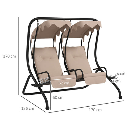 Balançoire Hollywood avec porte-gobelet et coussin d'assise, balançoire de jardin 2 places avec pare-soleil, banc pivotant charge jusqu'à 220 kg, chaise longue de jardin pour jardin, terrasse, 170 x 136 x 170 cm, beige