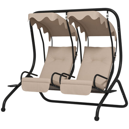 Balançoire Hollywood avec porte-gobelet et coussin d'assise, balançoire de jardin 2 places avec pare-soleil, banc pivotant charge jusqu'à 220 kg, chaise longue de jardin pour jardin, terrasse, 170 x 136 x 170 cm, beige