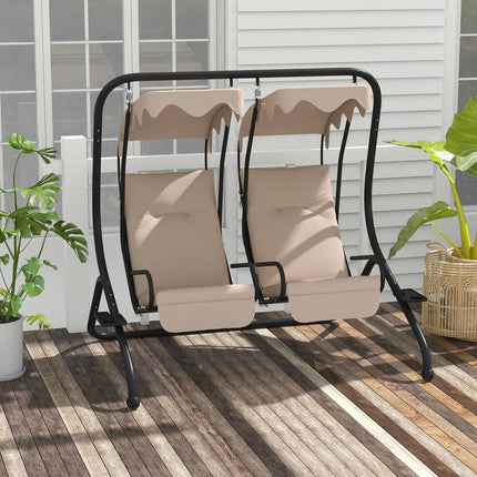 Balançoire Hollywood avec porte-gobelet et coussin d'assise, balançoire de jardin 2 places avec pare-soleil, banc pivotant charge jusqu'à 220 kg, chaise longue de jardin pour jardin, terrasse, 170 x 136 x 170 cm, beige