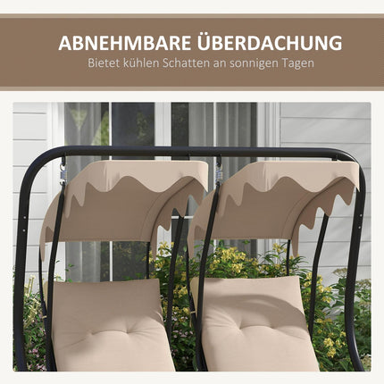 Balançoire Hollywood avec porte-gobelet et coussin d'assise, balançoire de jardin 2 places avec pare-soleil, banc pivotant charge jusqu'à 220 kg, chaise longue de jardin pour jardin, terrasse, 170 x 136 x 170 cm, beige