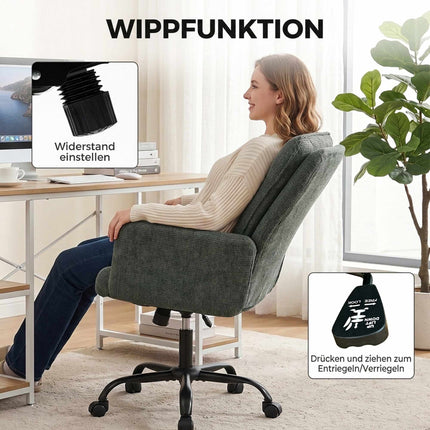 Home Office Desk Chair with Wide Seat and Mid Back, Linen Look, Dark Green