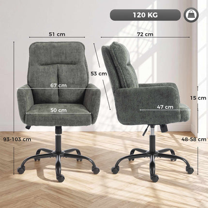 Home Office Desk Chair with Wide Seat and Mid Back, Linen Look, Dark Green