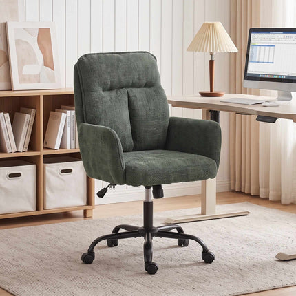Home Office Desk Chair with Wide Seat and Mid Back, Linen Look, Dark Green
