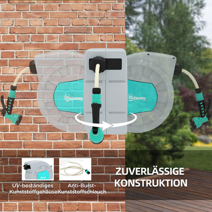 Gartenschlauchaufroller 20m, Wandmontage, automatischer Rücklauf, 7-Funktionen-Brause