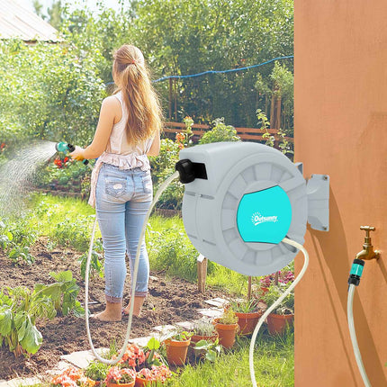 Gartenschlauchaufroller 20m, Wandmontage, automatischer Rücklauf, 7-Funktionen-Brause