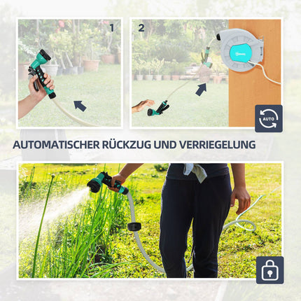 Gartenschlauchaufroller 20m, Wandmontage, automatischer Rücklauf, 7-Funktionen-Brause