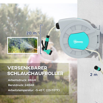 Gartenschlauchaufroller 20m, Wandmontage, automatischer Rücklauf, 7-Funktionen-Brause
