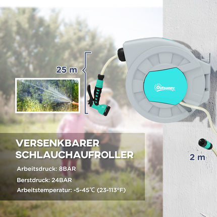 Wasserschlauchbox mit 25 m Schlauch, schwenkbarer Halterung und 7-fach verstellbarer Brause