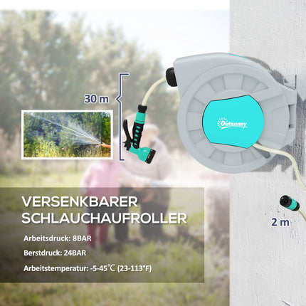 Slanghaspel met tuinslang 30m, 180° draaibare slangbox, slanghaspel voor wandmontage, waterslanghaspel met automatisch oprollen, handdouche met 7 functies, groen + grijs