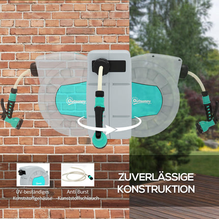 Slanghaspel met tuinslang 30m, 180° draaibare slangbox, slanghaspel voor wandmontage, waterslanghaspel met automatisch oprollen, handdouche met 7 functies, groen + grijs