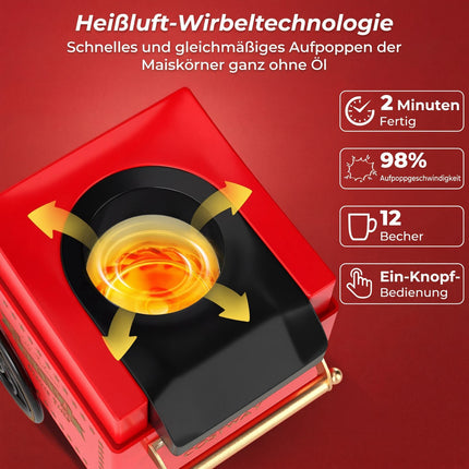 Heißluft-Popcornmaschine 1200W, ölfrei, Retro Rot