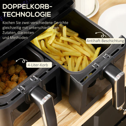 Horkovzdušná fritéza 8L, dvě komory, bez oleje, 2500W, černá