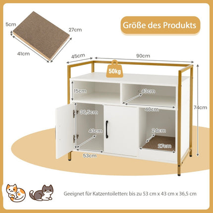 Unterbringung für Katzentoilette Katzenschrank mit Flügeltüren &amp; Kratzbrett 89 x 45 x 74,5 cm weiß