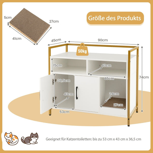 Housing for cat toilet cat cabinet with double doors & scratching pad 89 x 45 x 74.5 cm white
