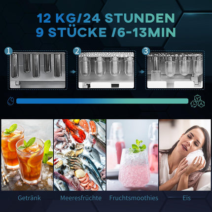 Ice cube machine with 12 kg/24 hours, double ice sizes, self-cleaning
