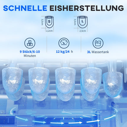 Ice cube maker, 12 kg/day, fast 6-min, 3 L water tank