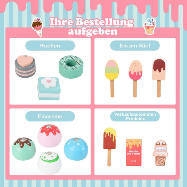 Eiswagen für Kinder mit Eisladen aus Holz mit Eismaschine rosa